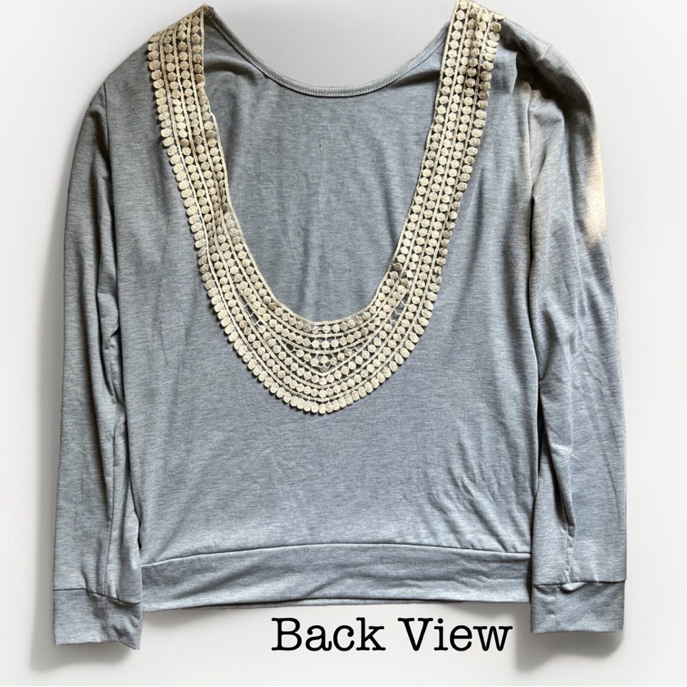 Long sleeve gray open back Top - Ladies Women’s Size Medium m Crochet Design